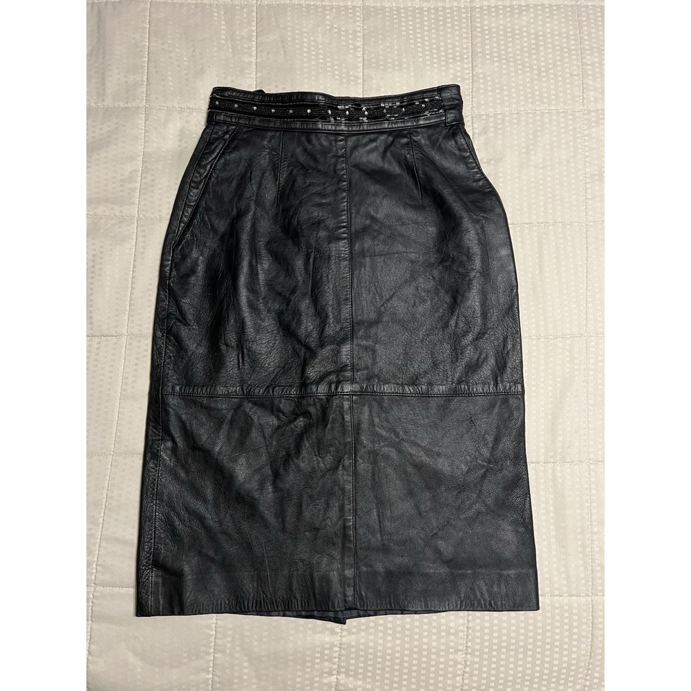 Vintage Bellissima Black Lamb Leather Skirt With Beadwork Size Medium
